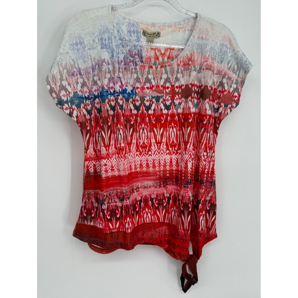 Energe World‎ Wear Womens Red Ikat Print Side Tie Knot Top Short Sleeve Sz M NWT